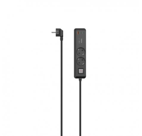 Hama Regleta Alimentacion con 5 Tomas - Potencia Maxima 3680W - Cable 1.4m - 2x Schuko - 2x USB-C - 1x USB-A - Interruptor de Encendido - Enchufe Schuko en Angulo - 5.3x4x22cm - Color Negro