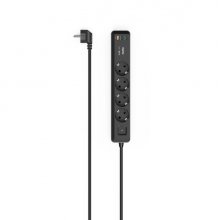 Hama Regleta Alimentacion con 7 Tomas - Potencia Maxima 3680W - Cable 1.4m - 4x Schuko - 2x USB-C - 1x USB-A - Interruptor de Encendido - Enchufe Schuko en Angulo - 5.3x4x30.5cm - Color Negro y Gris