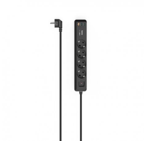 Hama Regleta Alimentacion con 7 Tomas - Potencia Maxima 3680W - Cable 1.4m - 4x Schuko - 2x USB-C - 1x USB-A - Interruptor de Encendido - Enchufe Schuko en Angulo - 5.3x4x30.5cm - Color Negro y Gris