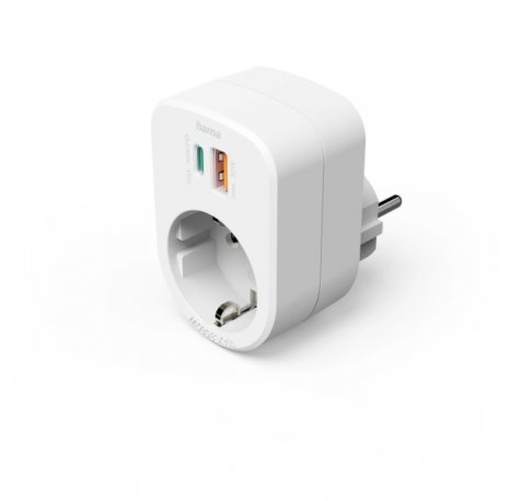 Hama Regleta Alimentacion con 3 Tomas - Potencia Maxima 3680W - 1x Schuko - 1x USB-C - 1x USB-A - Power Delivery - Color Blanco
