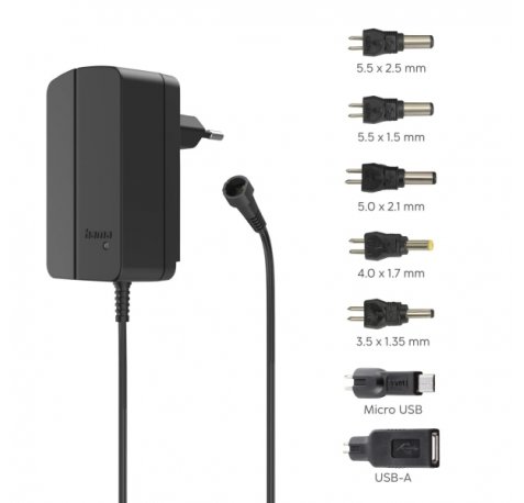 Hama Fuente de Alimentacion Multidispositivo - Potencia 27W - Voltaje 12V - Indicador LED - 7 Adaptadores - Intensidad Maxima 2.25A - Voltaje Ajustable - Color Negro