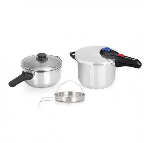 Orbegozo HP 4566 Olla Rapida de Acero Inoxidable - Dos Ollas con Sistema de Seguridad - Fondo Termo Difusor - Selector Gradual de Presion - Accesorio para Cocinar al Vapor