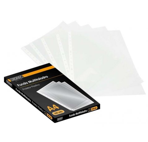Ingraf Pack de 100 Fundas Multitaladro A4 - Uso en Carpetas de Anillas - Acabado Granulado - 70 Micras
