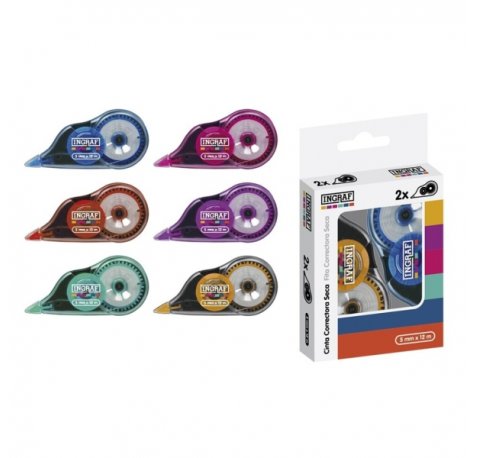 Ingraf Mediterraneo Pack de 2 Cintas Correctoras 5mmx12m - Perfecta Adherencia al Papel - Cuerpo de Colores Surtidos