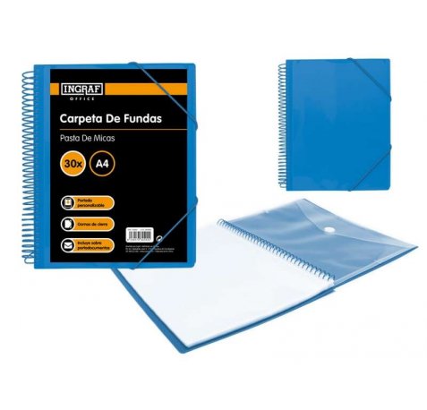 Ingraf Carpeta 30 Fundas con Sobre Portada - Polipropileno Rigido - Espiral Plastica Indeformable - Apertura 360 Grados - Sobre Transparente con Cierre de Broche - Color Azul