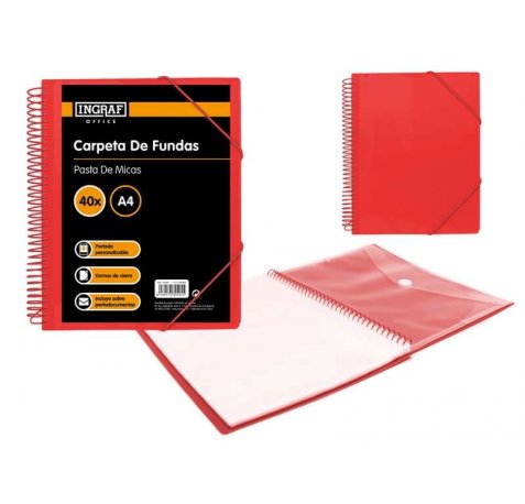 Ingraf Carpeta 40 Fundas con Sobre Portadocumentos - Polipropileno Rigido - Tamaño A4 - Espiral Plastica Indeformable - Apertura 360 Grados - Sobre Transparente con Cierre de Broche - Color Rojo