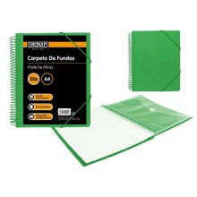 Ingraf Carpeta 50 Fundas con Sobre Portada - Pol ipropileno Rigido - Tamaño A4 - Espiral Plastica Indeformable - Apertura 360 Grados - Sobre Transparente con Broche - Color Verde