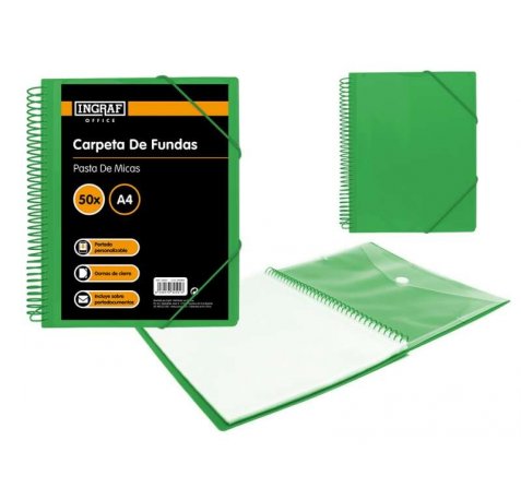 Ingraf Carpeta 50 Fundas con Sobre Portada - Pol ipropileno Rigido - Tamaño A4 - Espiral Plastica Indeformable - Apertura 360 Grados - Sobre Transparente con Broche - Color Verde