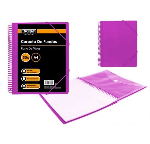 Ingraf Carpeta 50 Fundas con Sobre Portadocumentos - Polipropileno Rigido - Tamaño A4 - Espiral Plastica Indeformable - Apertura 360 Grados - Sobre Transparente con Cierre de Broche - Color Morado