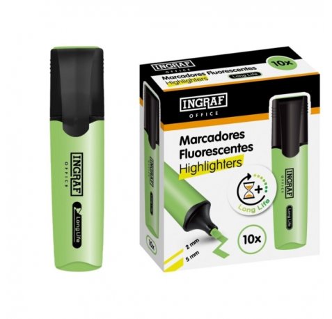 Ingraf Long-Life Marcador Fluorescente - Punta Biselada - Trazo 2-5mm - Tinta Base de Agua - Color Verde (10 uds)