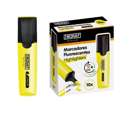 Ingraf Long-Life Marcador Fluorescente - Punta Biselada - Trazo 2-5mm - Tinta Base de Agua - Color Amarillo (10 uds)