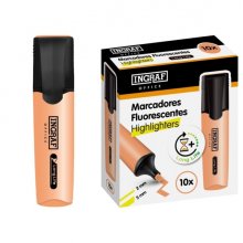 Ingraf Long-Life Marcador Fluorescente - Punta Biselada - Trazo 2-5mm - Tinta Base de Agua - Color Naranja (10 uds)