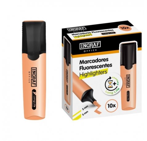 Ingraf Long-Life Marcador Fluorescente - Punta Biselada - Trazo 2-5mm - Tinta Base de Agua - Color Naranja (10 uds)