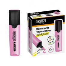 Ingraf Long-Life Marcador Fluorescente - Punta Biselada - Trazo 2-5mm - Tinta Base de Agua - Color Rosa (10 uds)