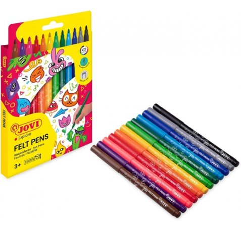 Jovi Felt Pens Estuche de 12 Rotuladores - Amplia Variedad de Tonos - Tinta de Gran Fijacion - Punta de 3mm - Capuchon de Seguridad Ventilado - Grip Triangular Ergonomico - Color Surtido