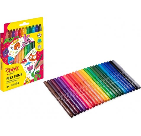 Jovi Felt Pens Estuche de 24 Rotuladores - Amplia Variedad de Tonos - Tinta de Gran Fijacion - Punta de 3mm - Capuchon de Seguridad Ventilado - Grip Triangular Ergonomico - Color Surtido
