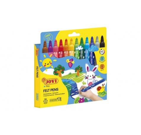Jovi Felt Pens Estuche de 12 Rotuladores Jumbo - Tinta de Gran Fijacion - Punta de 3mm - Capuchon de Seguridad Ventilado - Grip Triangular Ergonomico - Trazo Homogeneo E Intenso - Color Surtido