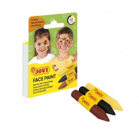 Jovi Face Paint Animal Pack de 3 Barras de Maquillaje - Para todo Tipo de Pieles - Se Limpia Facilmente - Colores Amarillo, Marron y Negro