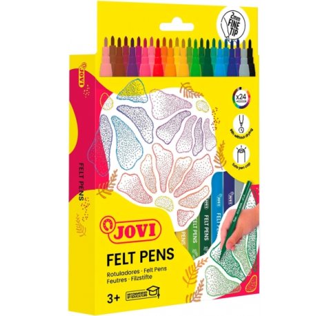 Jovi Felt Pens Estuche de 24 Rotuladores - Punta de 2mm - Amplia Variedad de Tonos - Tinta de Gran Fijacion - Capuchon de Seguridad Ventilado - Colores Surtidos