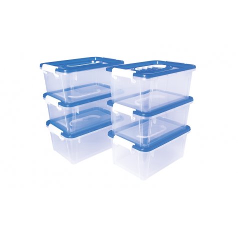 Jovi Pack de 6 Baules para Almacenaje Escolar - Transparente - Ideal para Material Escolar y Juguetes - Facil de Apilar - Cuerpo Transparente para Busqueda Rapida - Color Varios