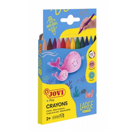 Jovi Large Easy Grip Estuche de 24 Ceras Plasticas Hexagonales - No Ruedan - Duracion Prolongada - sin Olor - Facil de Sacar Punta - No Mancha - Ideal para Manos Pequeñas - Color Surtido