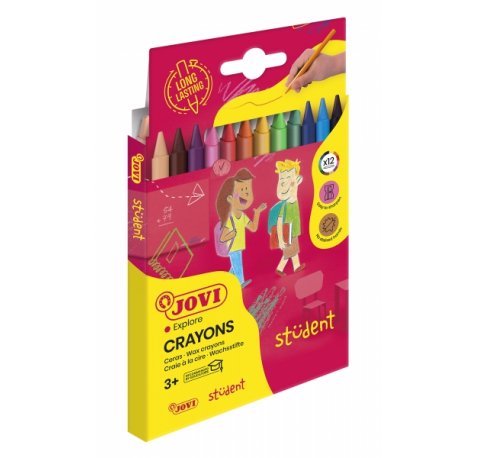 Jovi Crayons Student Estuche de 12 Ceras Plasticas - Resistentes - No Manchan - Agradables de Rayar - Acabado Brillante - Gran Duracion - Colores Mezclables - Color Surtido