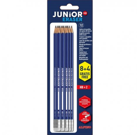 Alpino Junior Blister de 12 Lapices de Grafito HB con Goma - Espacio para el Nombre