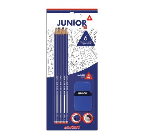 Alpino Junior Tri Blister de 6 Lapices de Grafito HB + Sacapunta con Goma de Borrar - Espacio para el Nombre