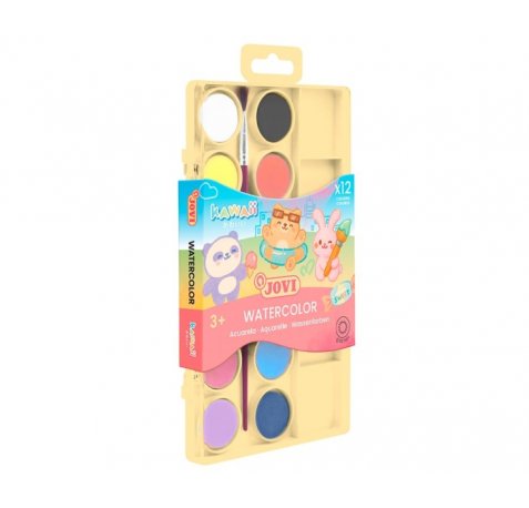 Jovi Kawaii Pack de 12 Acuarelas en Pastilla 22mm + Pincel - Facilmente Mezclables - Colores Kawaii Surtidos