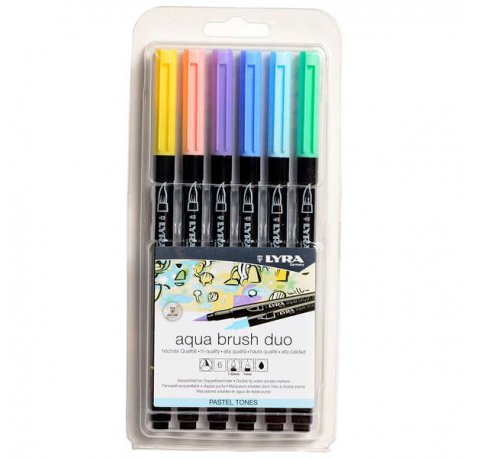 Lyra Aqua Brush Duo Pack 6 Rotuladores de Doble Punta - Trazos 1-5 y 1mm - Tinta Base de Agua - Colores Tonos Pastel