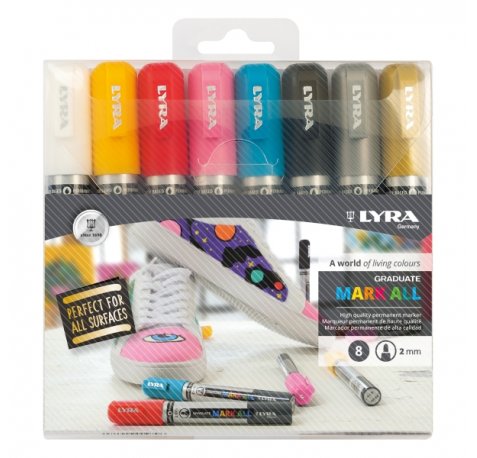Lyra Mark All Pack de 8 Rotuladores Permanentes - Multisuperficie - Punta Redonda - 2mm - Blister - Colores Surtidos