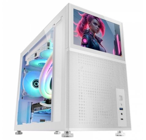 Mars Gaming MC-LCD Caja PC Gaming - Pantalla LCD IPS 8" - Soporte Refrigeracion Liquida - Conectividad USB-C y USB 3.0 - Espacio Expansion Amplio - Color Blanco