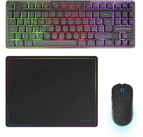 Mars Gaming MCPWTKL Combo Pack Gaming 3en1 - Teclado Hibrido H-Mech Formato TKL - Disposicion Italiana QWERTY IT - Raton 3200dpi - Switches HUANO - Color Negro
