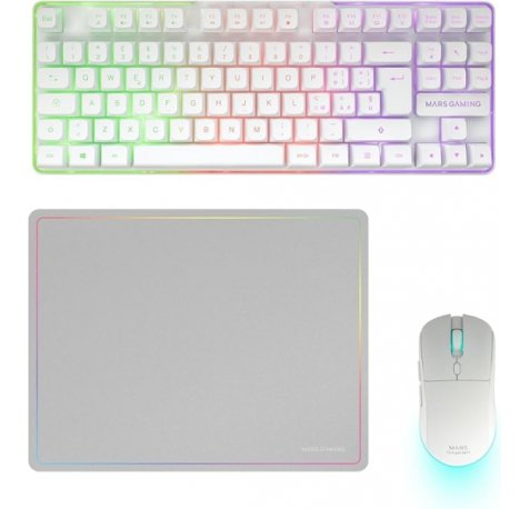 Mars Gaming MCPWTKL Combo Pack Gaming 3en1 - Teclado Hibrido H-Mech Formato TKL - Disposicion Italiana QWERTY IT - Raton 3200dpi - Switches HUANO - Color Blanco