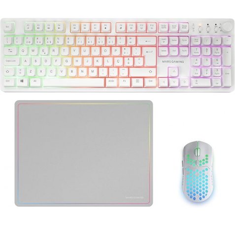 Mars Gaming MCPWX Combo Pack Gaming 3en1 - Teclado Hibrido H-Mech - Disposicion Portuguesa QWERTY PT - Raton 3200dpi - Switches HUANO - Color Blanco