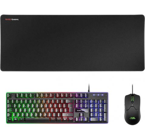 Mars Gaming Pack Premium 3 en 1 Teclado hibrido H-MECH, Raton Ultra Ligero 10K y Alfombrilla XXL - Compatibilidad Universal - Tecnologia H-MECH - Iluminacion FRGB Rainbow - Sensor Optico 10000 DPI - Switches Mecanicos KAILH - Color Negro