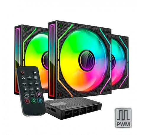 Mars Gaming MF-3DPROKIT Pack de 3 Ventiladores de 120mm - Iluminacion ARGB Infinity Mirror 360Âº - Silencioso 12dB - Mando a Distancia y Hub ARGB - Color Negro