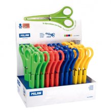 Milan Expositor con 24 Tijeras con Funda - Regla Integrada de 5cm - Punta Redondeada - Acero Inoxidable de 14.7cm - Colores Surtidos