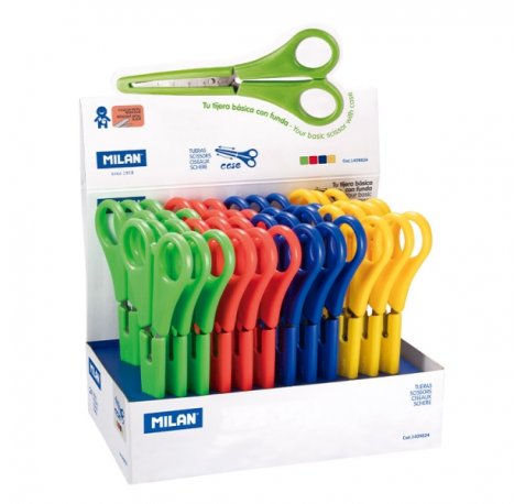 Milan Expositor con 24 Tijeras con Funda - Regla Integrada de 5cm - Punta Redondeada - Acero Inoxidable de 14.7cm - Colores Surtidos