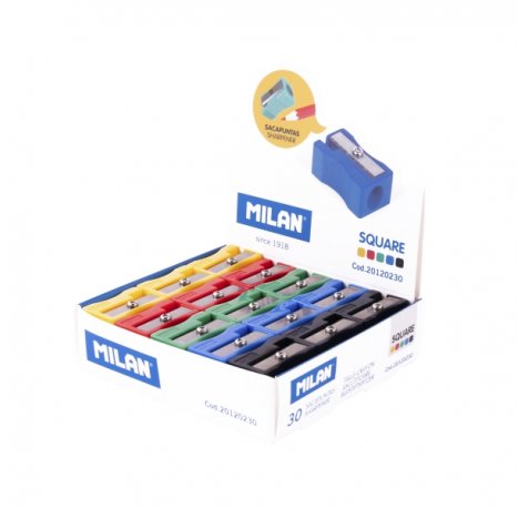 Milan Basic Expositor con 30 Sacapuntas - Sin Deposito - Cuchilla de Acero de Seguridad - Colores Surtidos