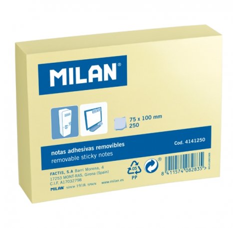 Milan Pack de 250 Notas Adhesivas - 75x100mm - Color Amarillo