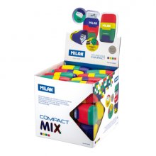 Milan Compact Mix Expositor con 24 Afilaborras - Goma Miga de Pan - Deposito Integrado - Cuchilla de Acero de Seguridad - Colores Surtidos