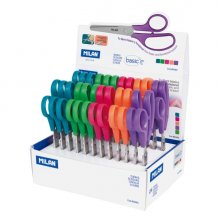 Milan Basic Expositor con 24 Tijeras Basic - Mango Ergonomico - Punta Redondeada - Acero Inoxidable de 13.4cm - Colores Surtidos