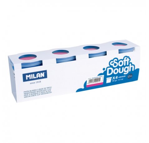 Milan Soft Dough Pack de 4 Botes de Pasta Blanda - 100% Vegetal - Moldeable - Sin Residuos - Colores Mezclables - 116g por Unidad - Color Rosa