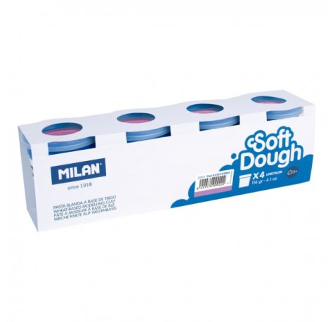 Milan Soft Dough Pack de 4 Botes de Pasta Blanda - 100% Vegetal - Moldeable - Sin Residuos - Colores Mezclables - 116g por Unidad - Color Violeta