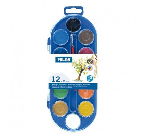 Milan 80011 Estuche de 12 Acuarelas Ø30 mm + Pincel  Serie 101 - Mezclable - Colores Surtidos (6 uds)