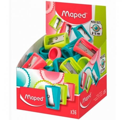 Maped Vivo Maxi Sacapuntas de Plastico con 1 Orificio de 16mm - Cuchilla de Acero Afilada y Resistente - Colores Surtidos (36 uds)