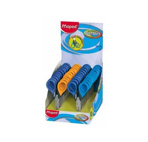 Maped Sensoft Tijera Escolar Punta Redonda - Cuchillas de Acero Inoxidable - Mango de Plastico Flexible - 13 cm. - Colores Surtidos - Caja Expositora de 24 ud.