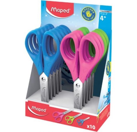 Maped Essentials Zurdos Tijera Escolar Punta Redonda 13cm - Hojas de Acero Inoxidable - Mango de Plastico Simetrico - Colores Surtidos (10 uds)