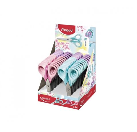 Maped Sensoft Tijera Escolar Punta Redonda 13cm - Hojas de Acero Inoxidable - Mango de Plastico Simetrico - Colores Pastel Surtidos (24 uds)